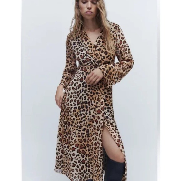 Zara Leopard Animal Print Midi Dress Surplice V-Neck Size Large - Picture 1 of 11